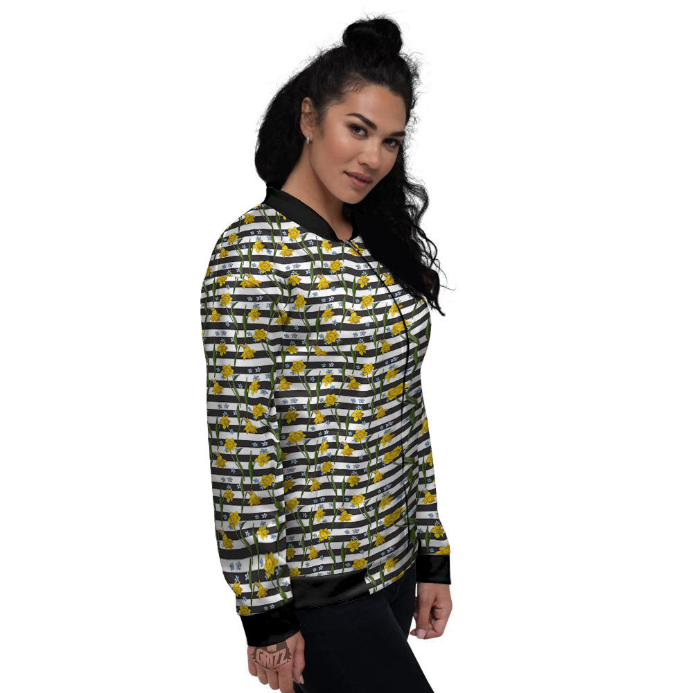 Daffodil Black Striped Print Pattern Women's Bomber Jacket-grizzshop