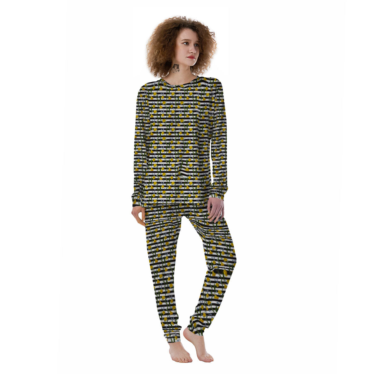Daffodil Black Striped Print Pattern Women's Pajamas-grizzshop
