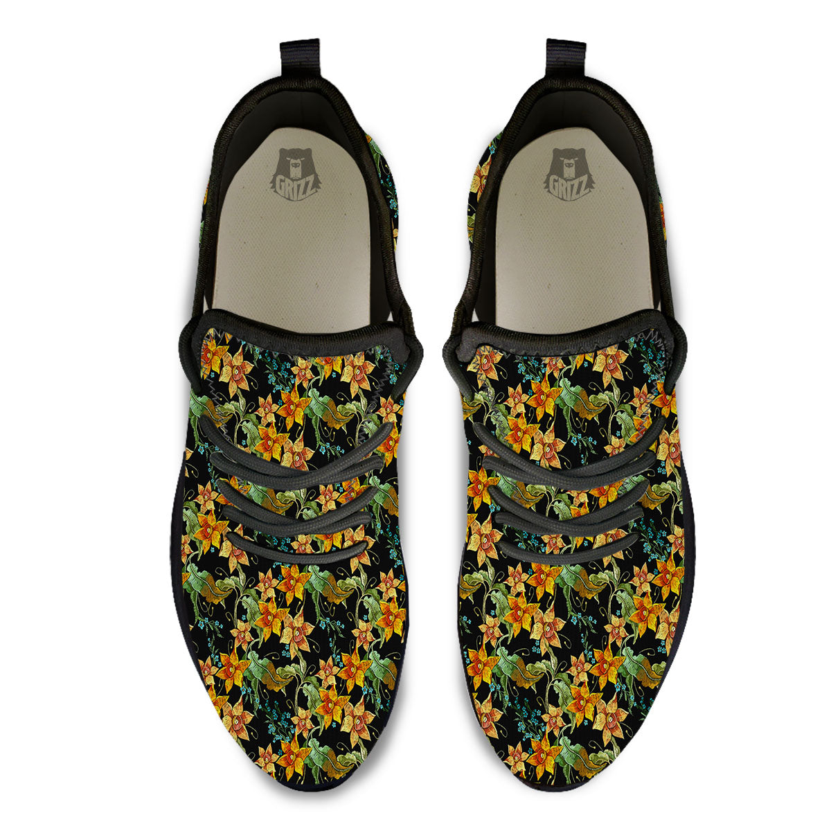 Daffodil Yellow And Black Print Pattern Black Athletic Shoes-grizzshop
