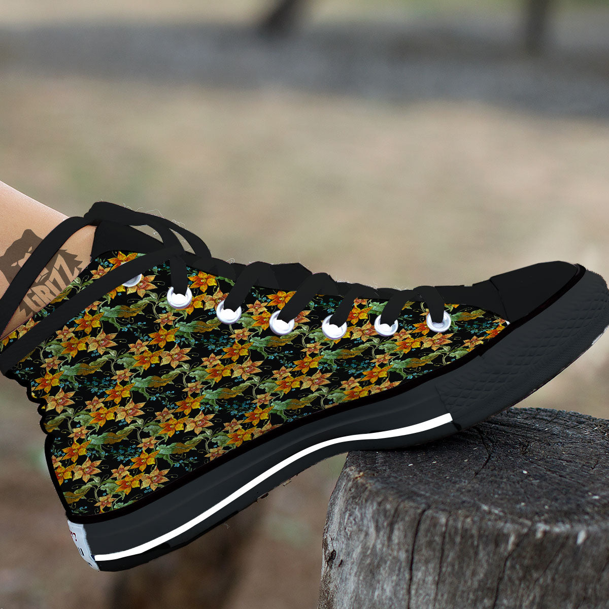 Daffodil Yellow And Black Print Pattern Black High Top Shoes-grizzshop