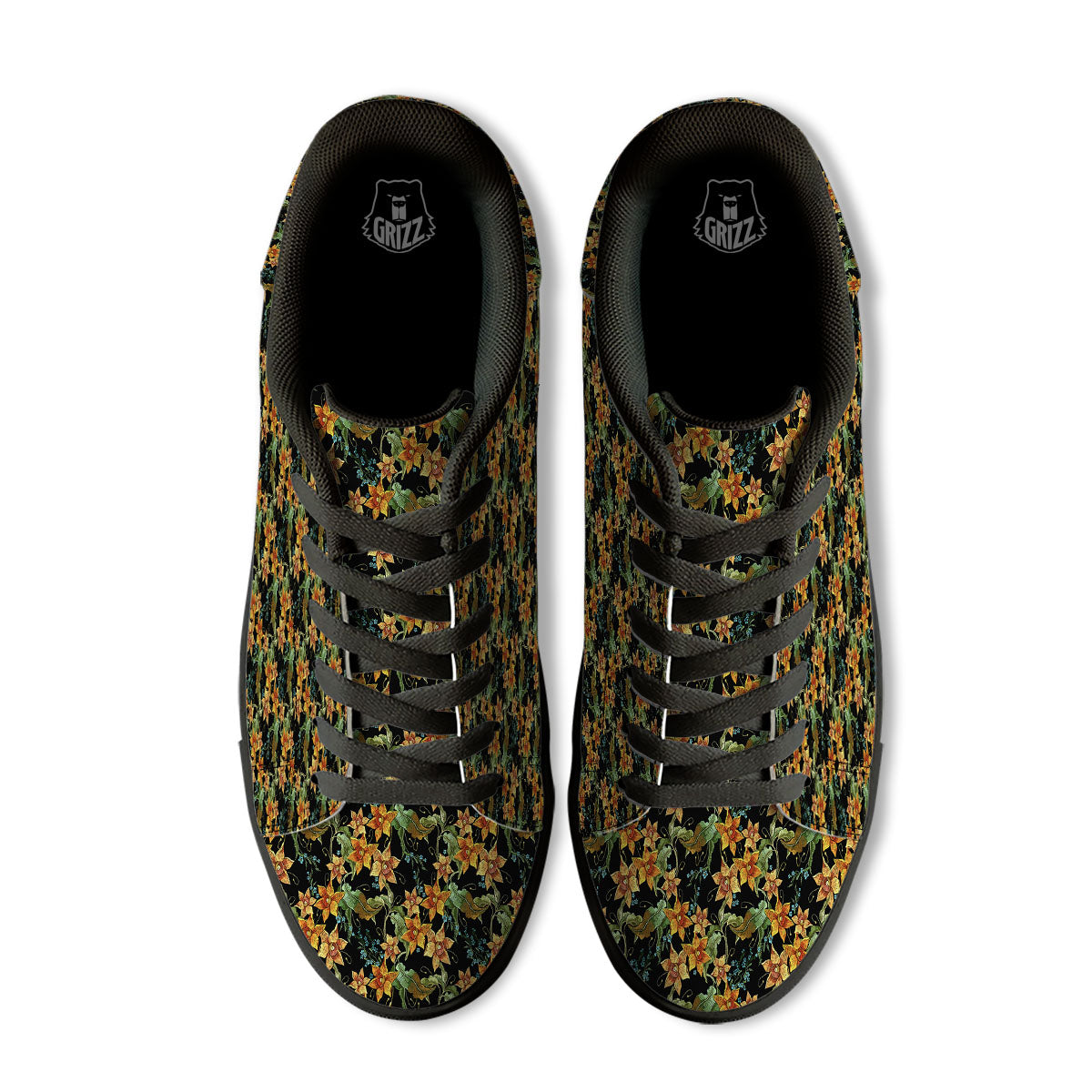 Daffodil Yellow And Black Print Pattern Black Low Top Sneakers-grizzshop