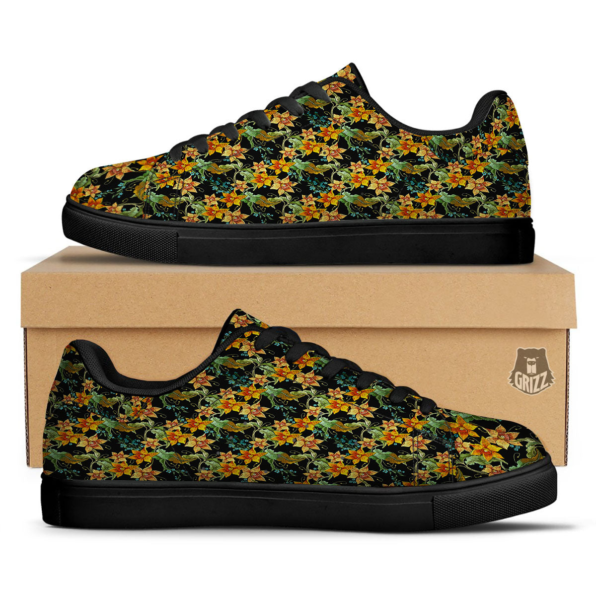Daffodil Yellow And Black Print Pattern Black Low Top Sneakers-grizzshop