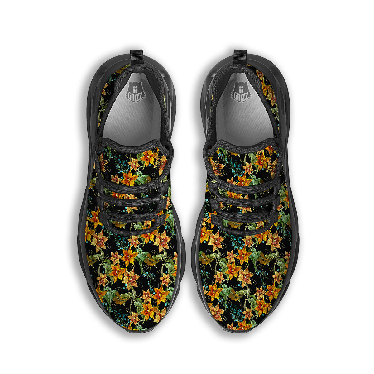 Daffodil Yellow And Black Print Pattern Black Running Shoes-grizzshop