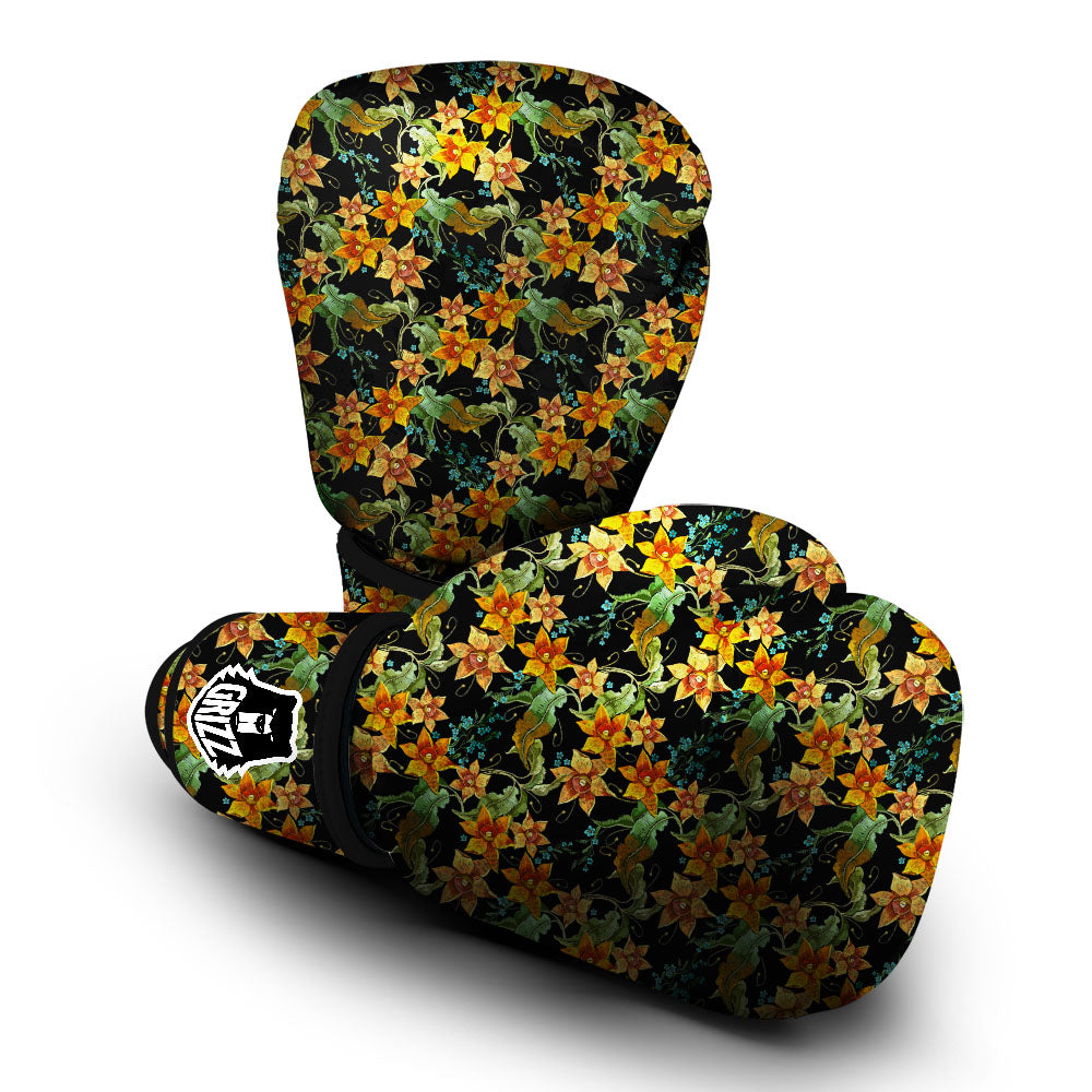 Daffodil Yellow And Black Print Pattern Boxing Gloves-grizzshop