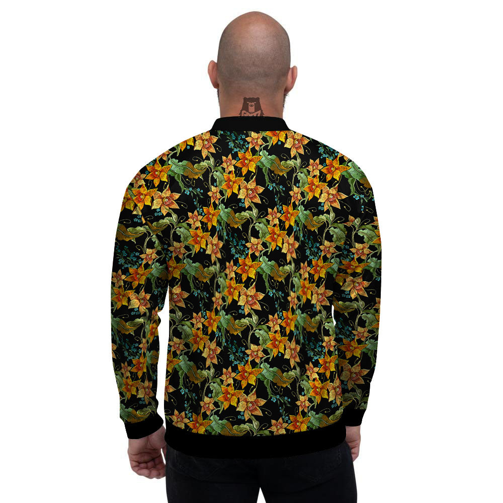Daffodil Yellow And Black Print Pattern Men's Bomber Jacket-grizzshop