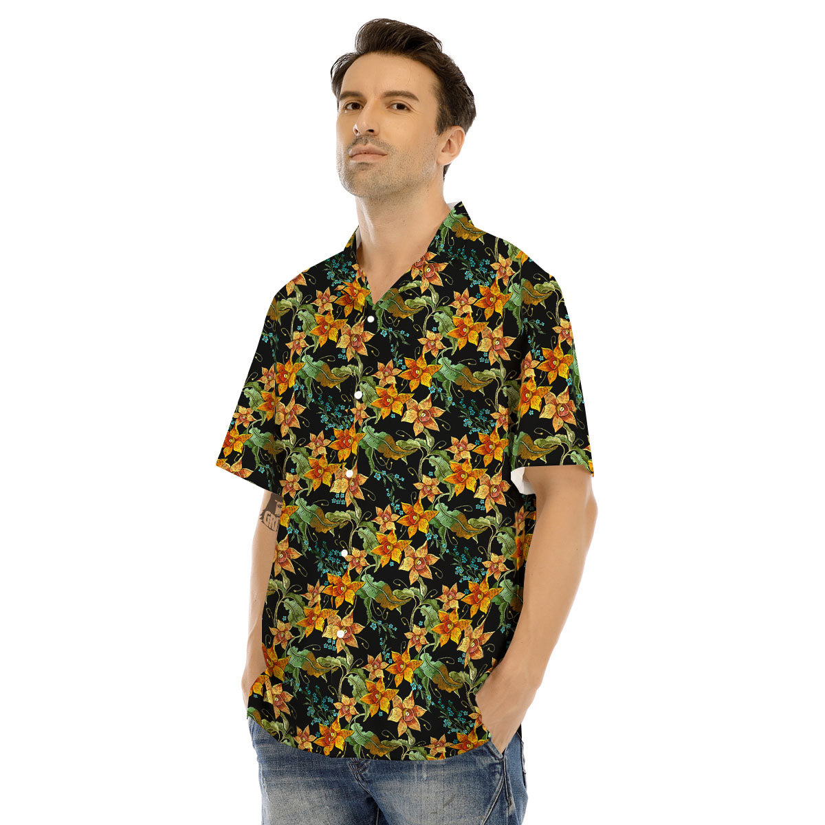 Daffodil Yellow And Black Print Pattern Men's Hawaiian Shirt-grizzshop