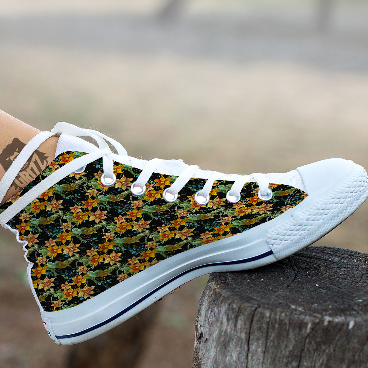 Daffodil Yellow And Black Print Pattern White High Top Shoes-grizzshop