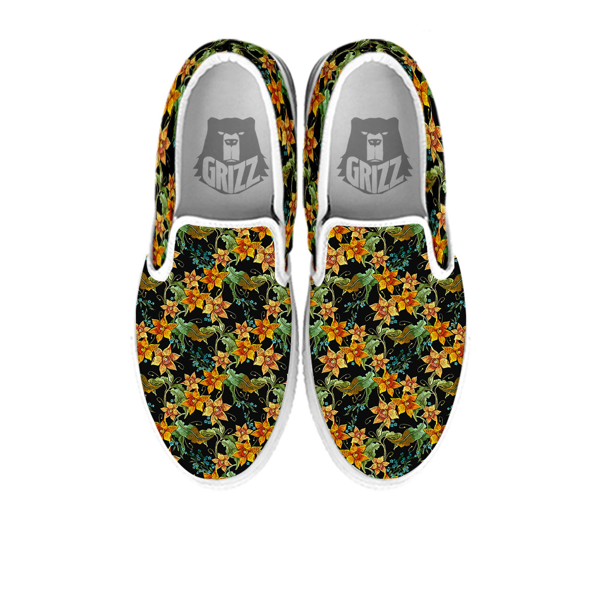 Daffodil Yellow And Black Print Pattern White Slip On Shoes-grizzshop