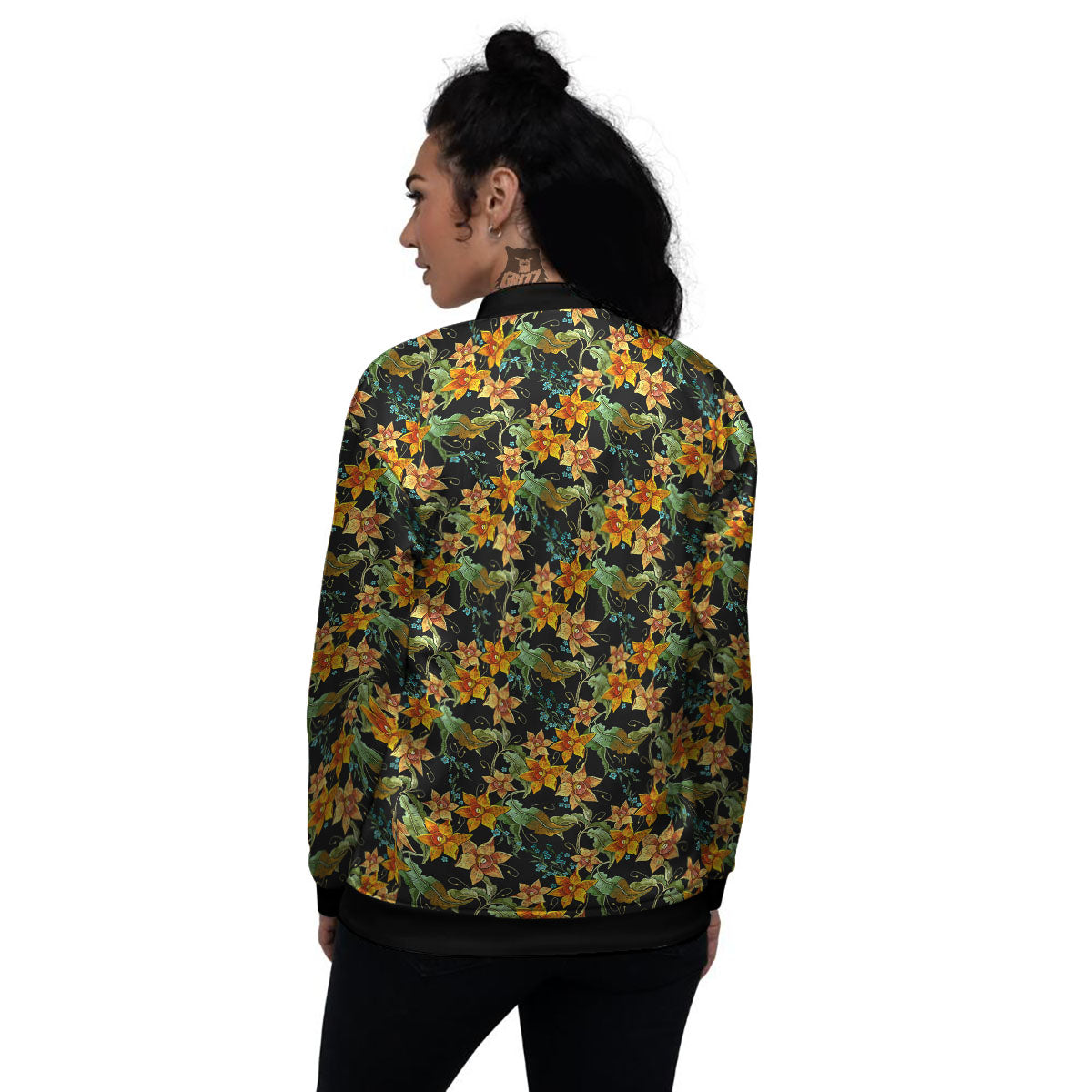 Daffodil Yellow And Black Print Pattern Women's Bomber Jacket-grizzshop