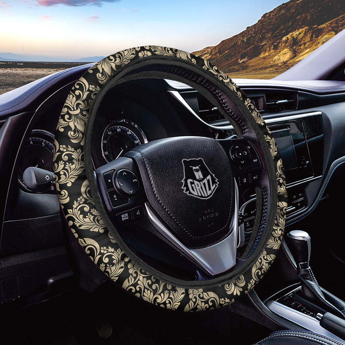 Damask Beige And Black Print Pattern Car Steering Wheel Cover-grizzshop