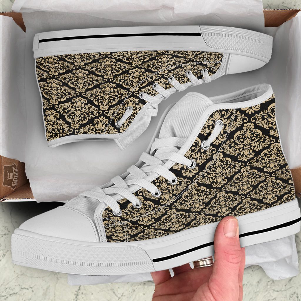 Damask Beige And Black Print Pattern White High Top Shoes-grizzshop