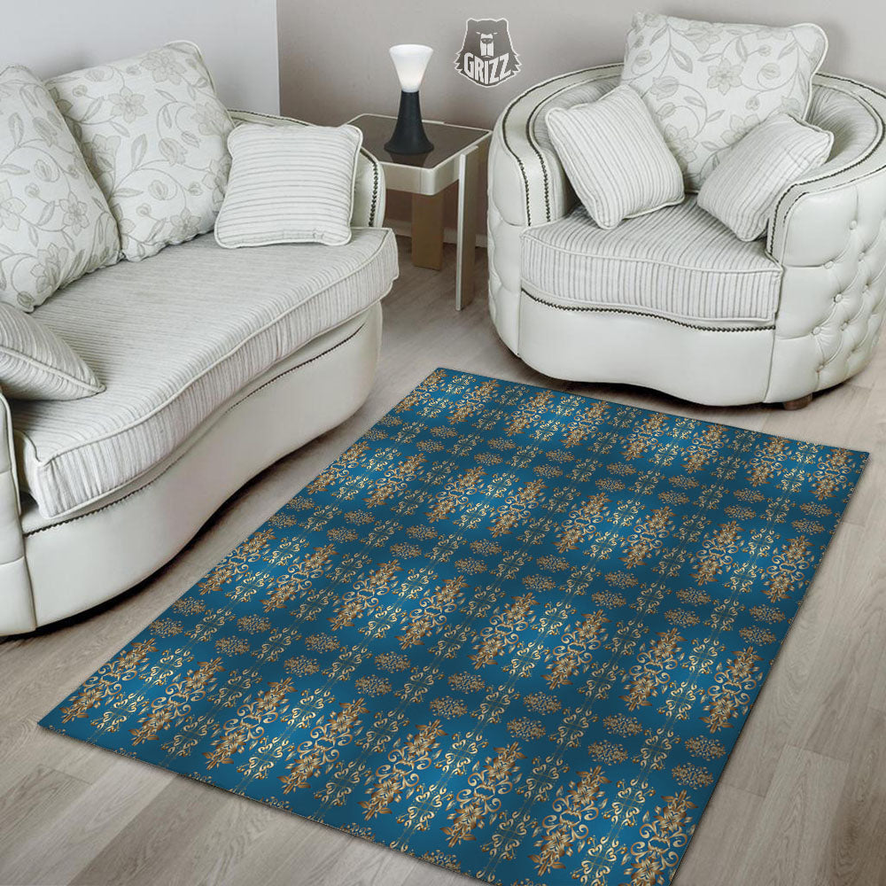 Damask Brown And Blue Print Pattern Floor Mat-grizzshop