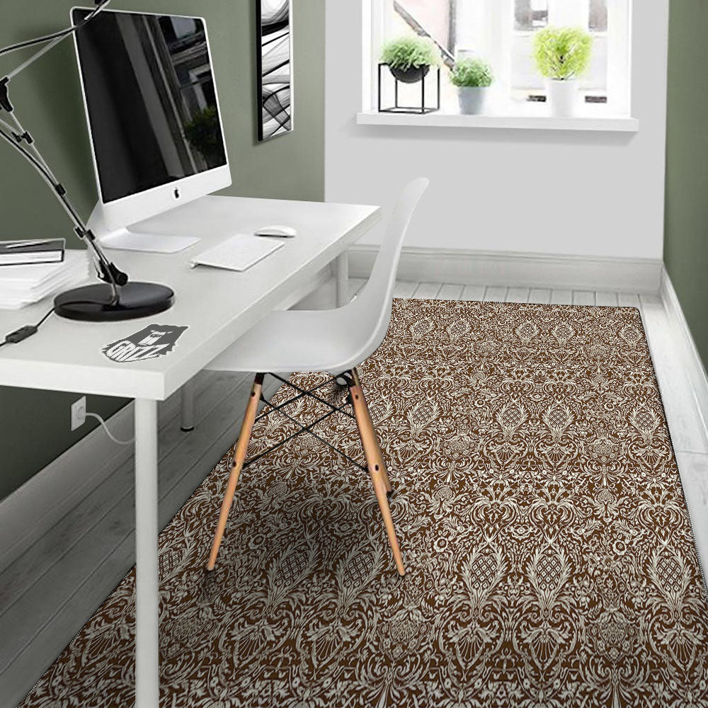 Damask Brown Print Pattern Floor Mat-grizzshop