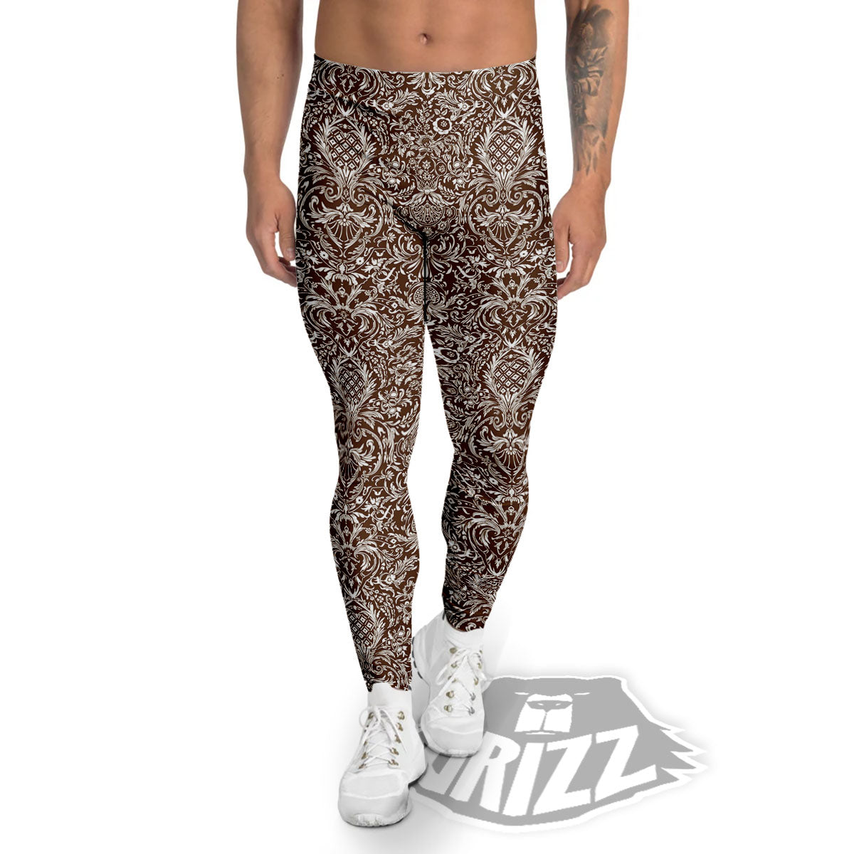 Damask Brown Print Pattern Men's Leggings-grizzshop