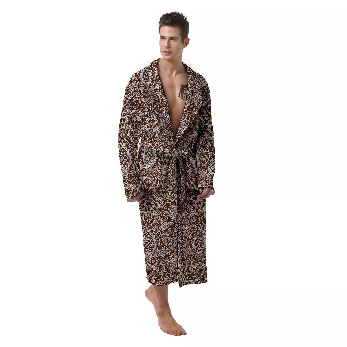 Damask Brown Print Pattern Men's Robe-grizzshop
