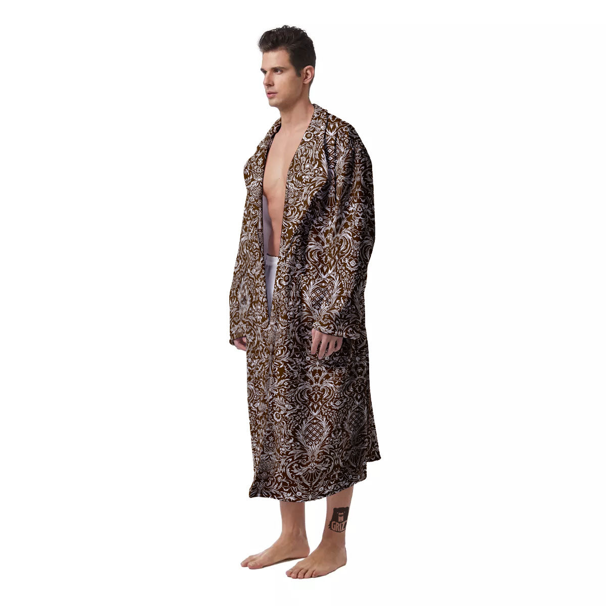 Damask Brown Print Pattern Men's Robe-grizzshop