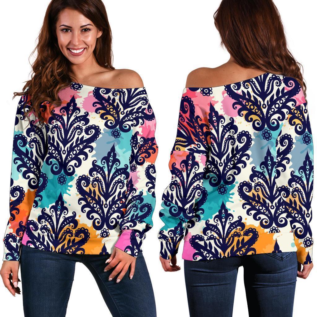 Damask Colorful Pattern Print Women Off Shoulder Sweatshirt-grizzshop