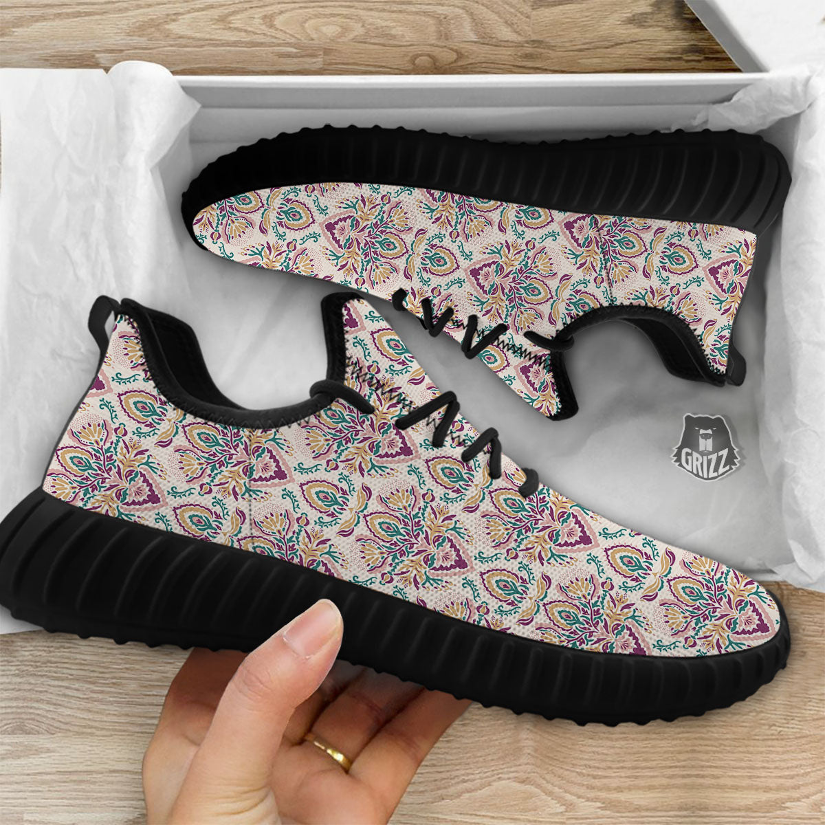 Damask Colorful Print Pattern Black Walking Shoes-grizzshop