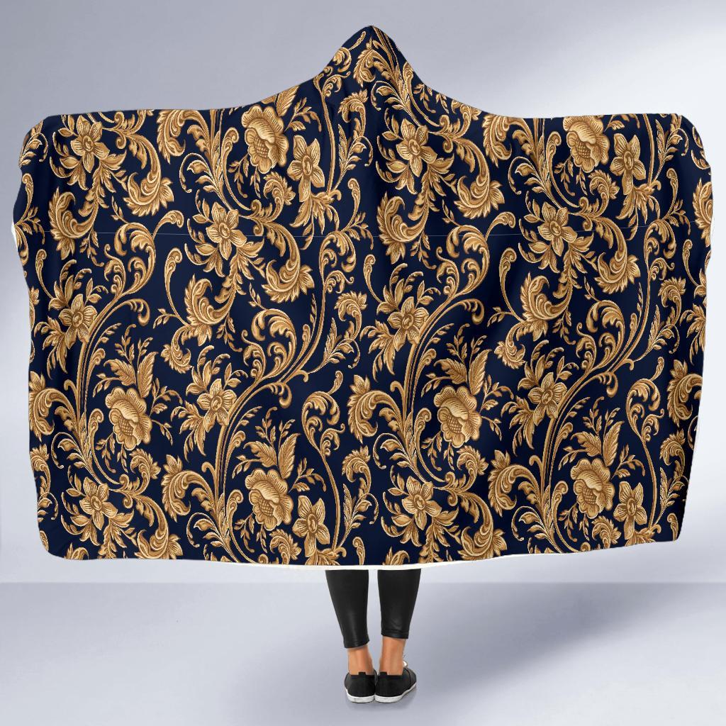 Damask Gold Pattern Print Hooded Blanket-grizzshop