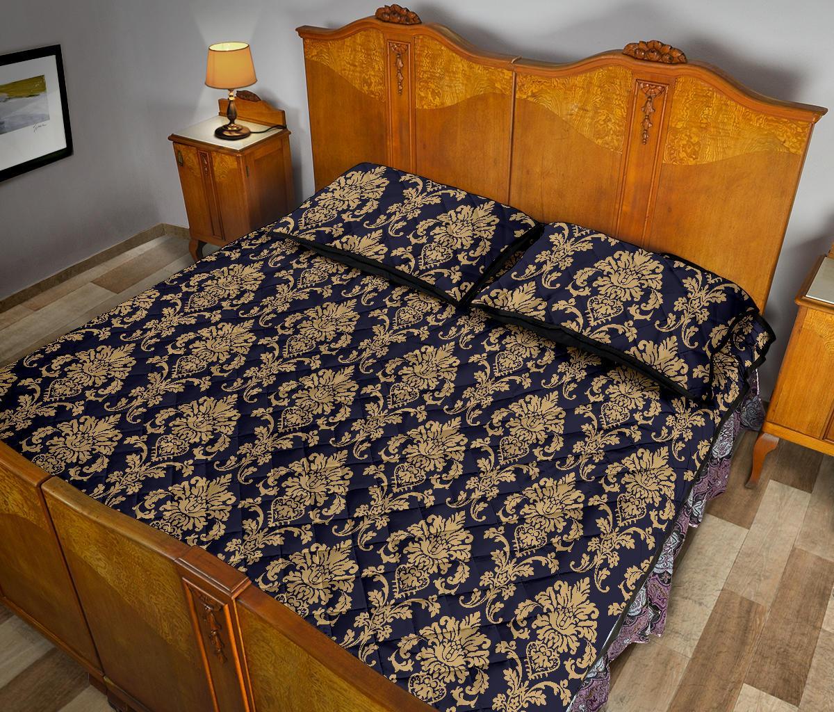Damask Gold Print Pattern Bed Set Quilt-grizzshop