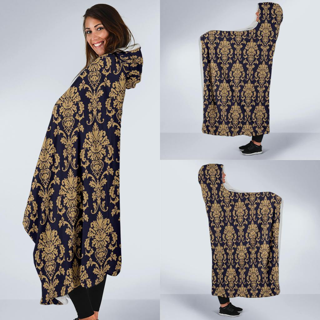 Damask Gold Print Pattern Hooded Blanket-grizzshop