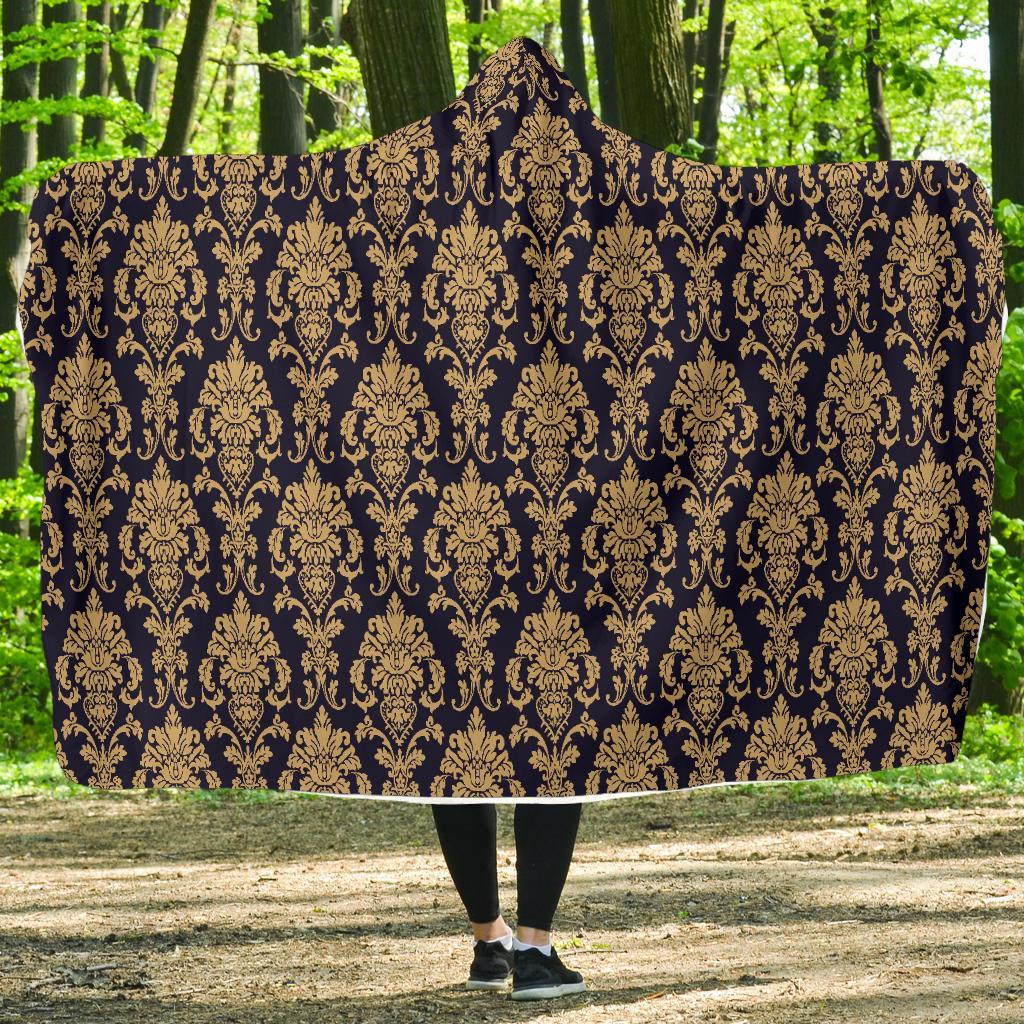 Damask Gold Print Pattern Hooded Blanket-grizzshop