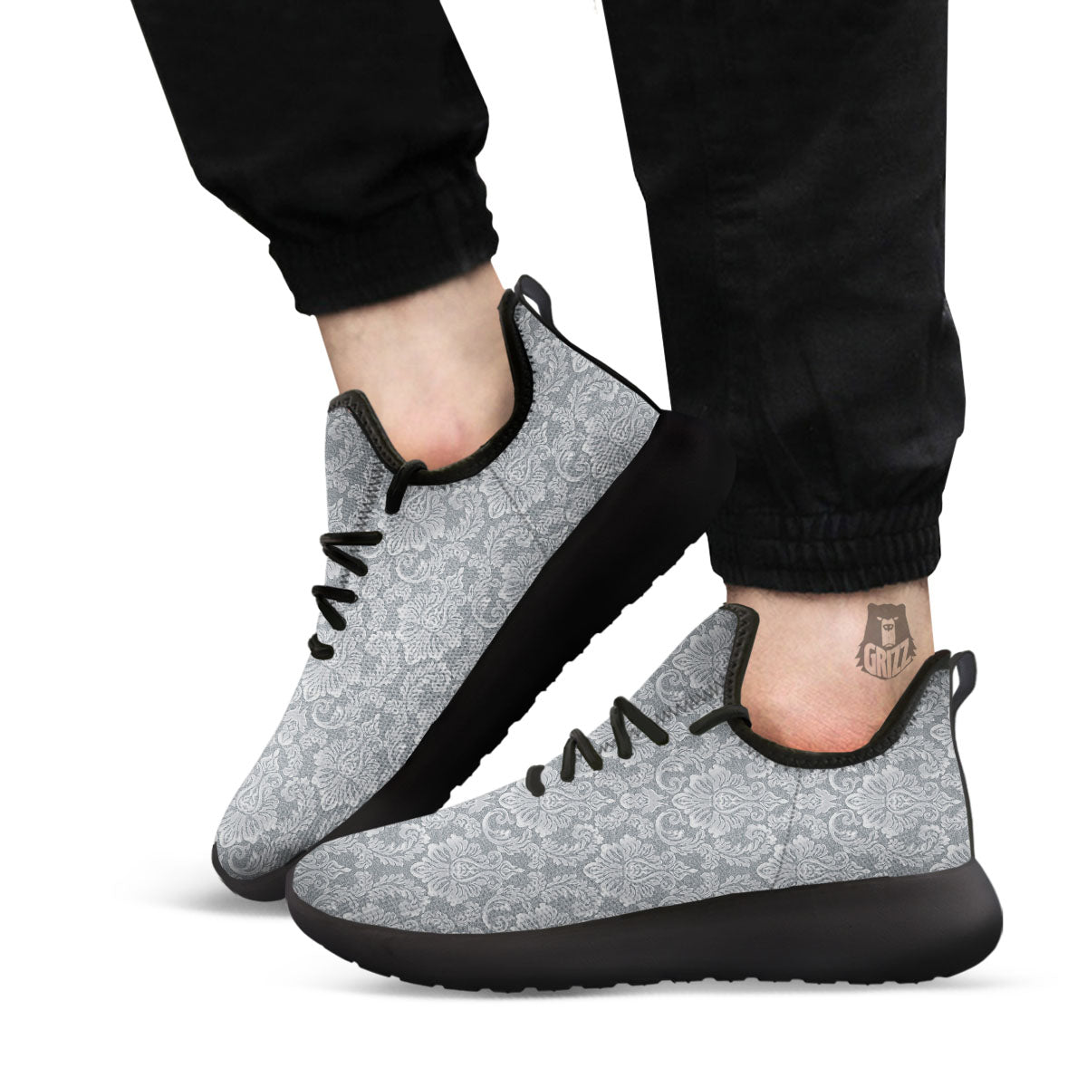 Damask Grey Print Pattern Black Athletic Shoes-grizzshop
