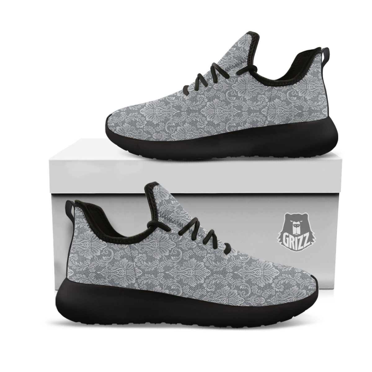 Damask Grey Print Pattern Black Athletic Shoes-grizzshop