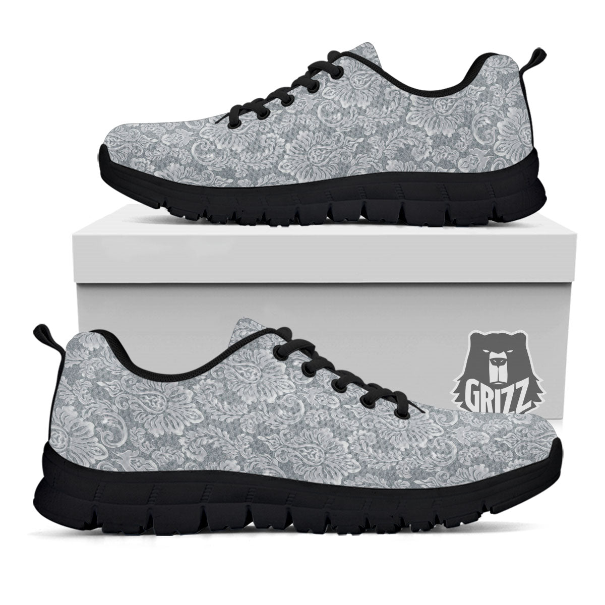 Damask Grey Print Pattern Black Sneaker-grizzshop