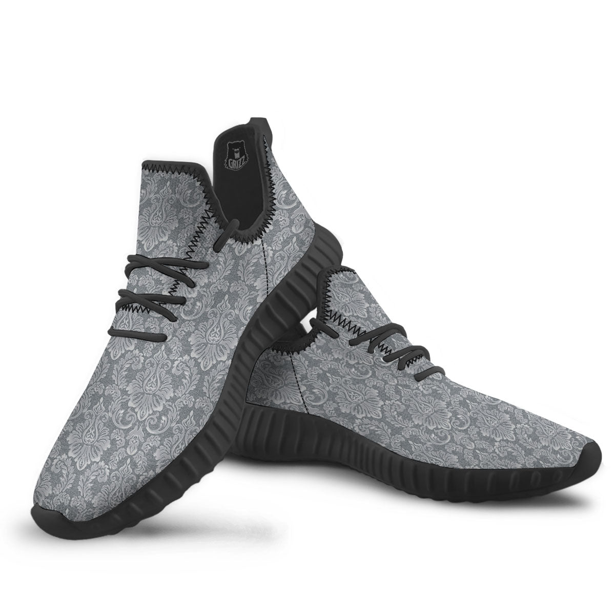 Damask Grey Print Pattern Black Walking Shoes-grizzshop