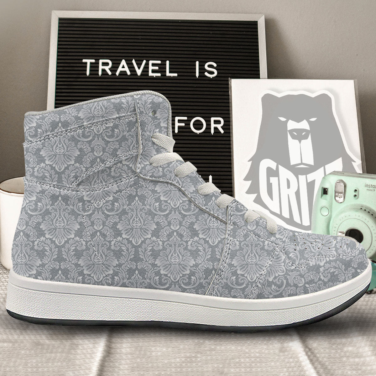 Damask Grey Print Pattern High Top Sneakers-grizzshop