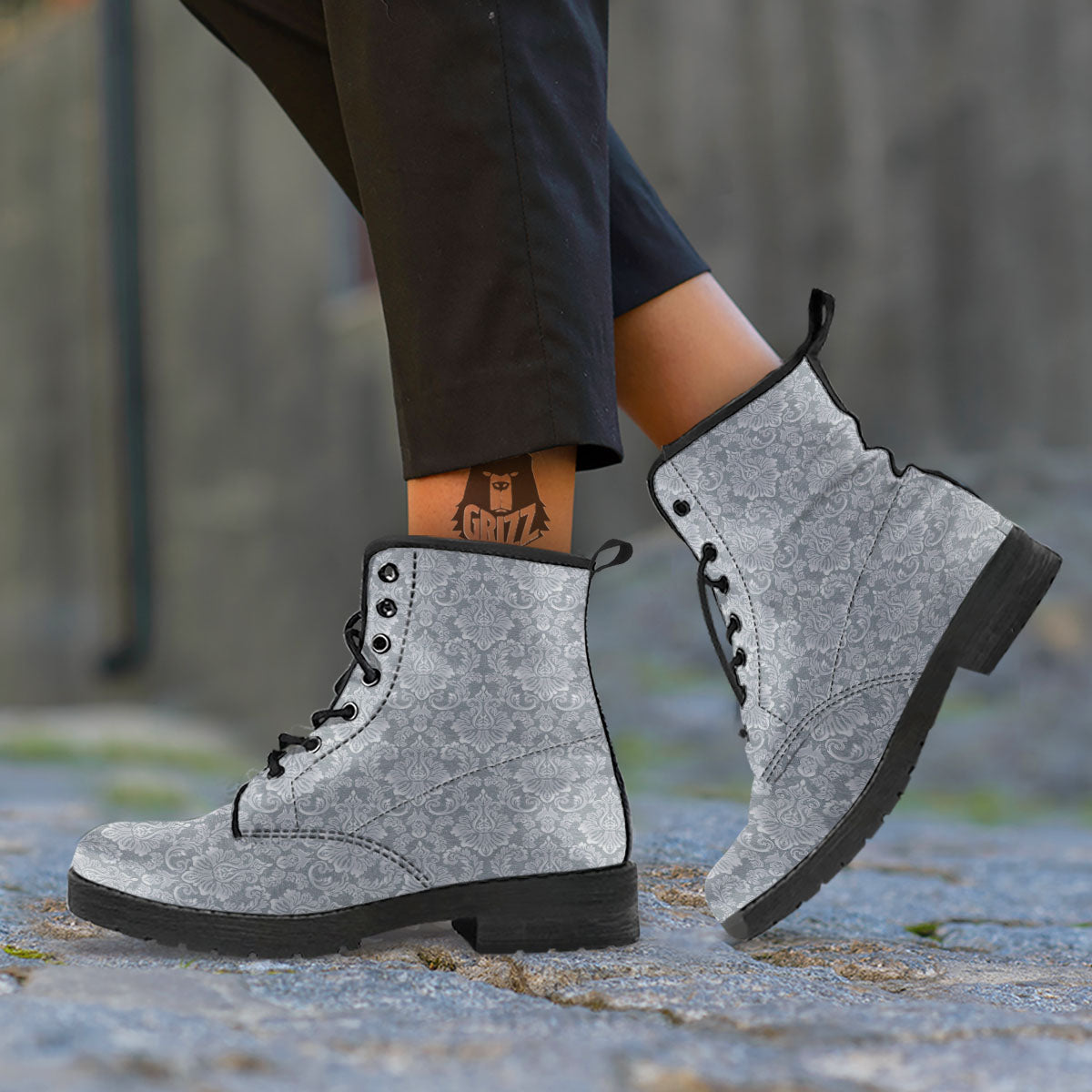 Damask Grey Print Pattern Leather Boots-grizzshop