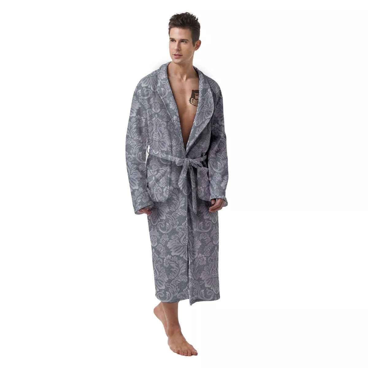 Damask Grey Print Pattern Men's Robe-grizzshop