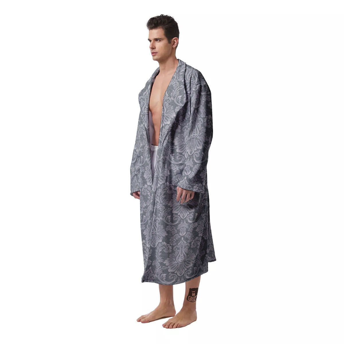 Damask Grey Print Pattern Men's Robe-grizzshop