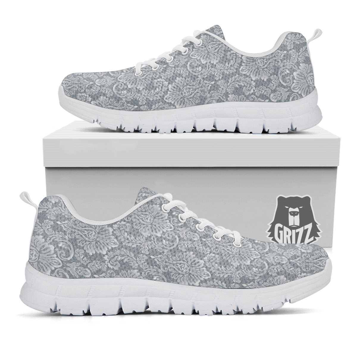 Damask Grey Print Pattern White Sneaker-grizzshop