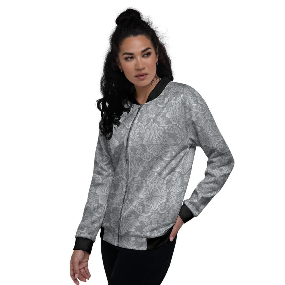 Damask Grey Print Pattern Women's Bomber Jacket-grizzshop