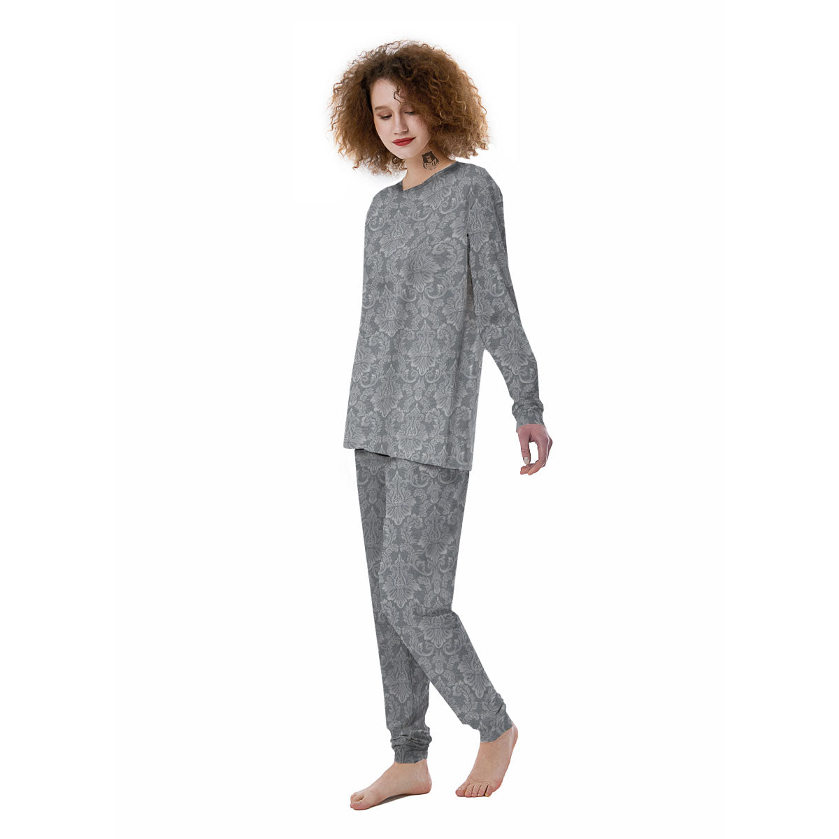Damask Grey Print Pattern Women's Pajamas-grizzshop