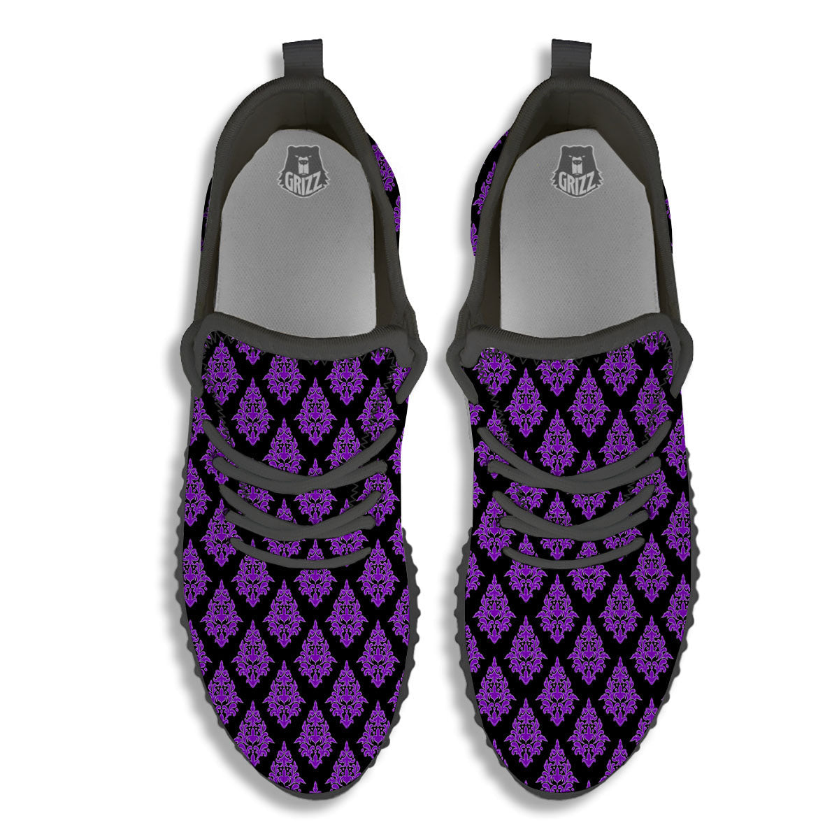 Damask Purple And Black Print Pattern Black Walking Shoes-grizzshop