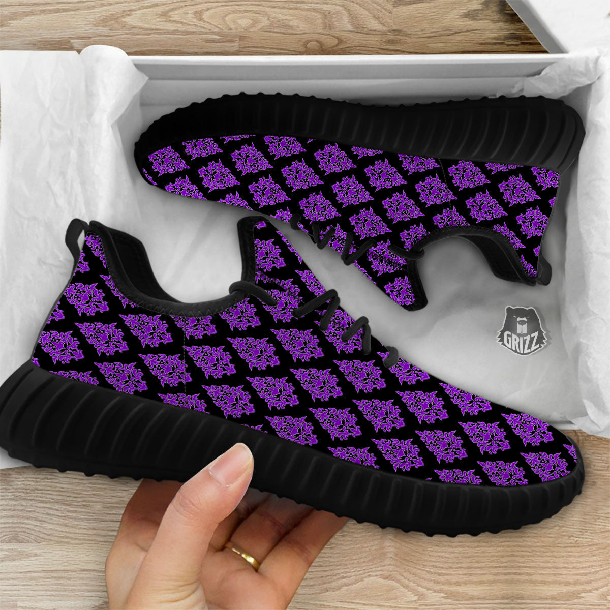 Damask Purple And Black Print Pattern Black Walking Shoes-grizzshop