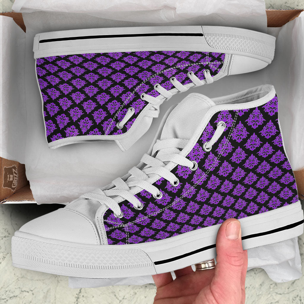 Damask Purple And Black Print Pattern White High Top Shoes-grizzshop