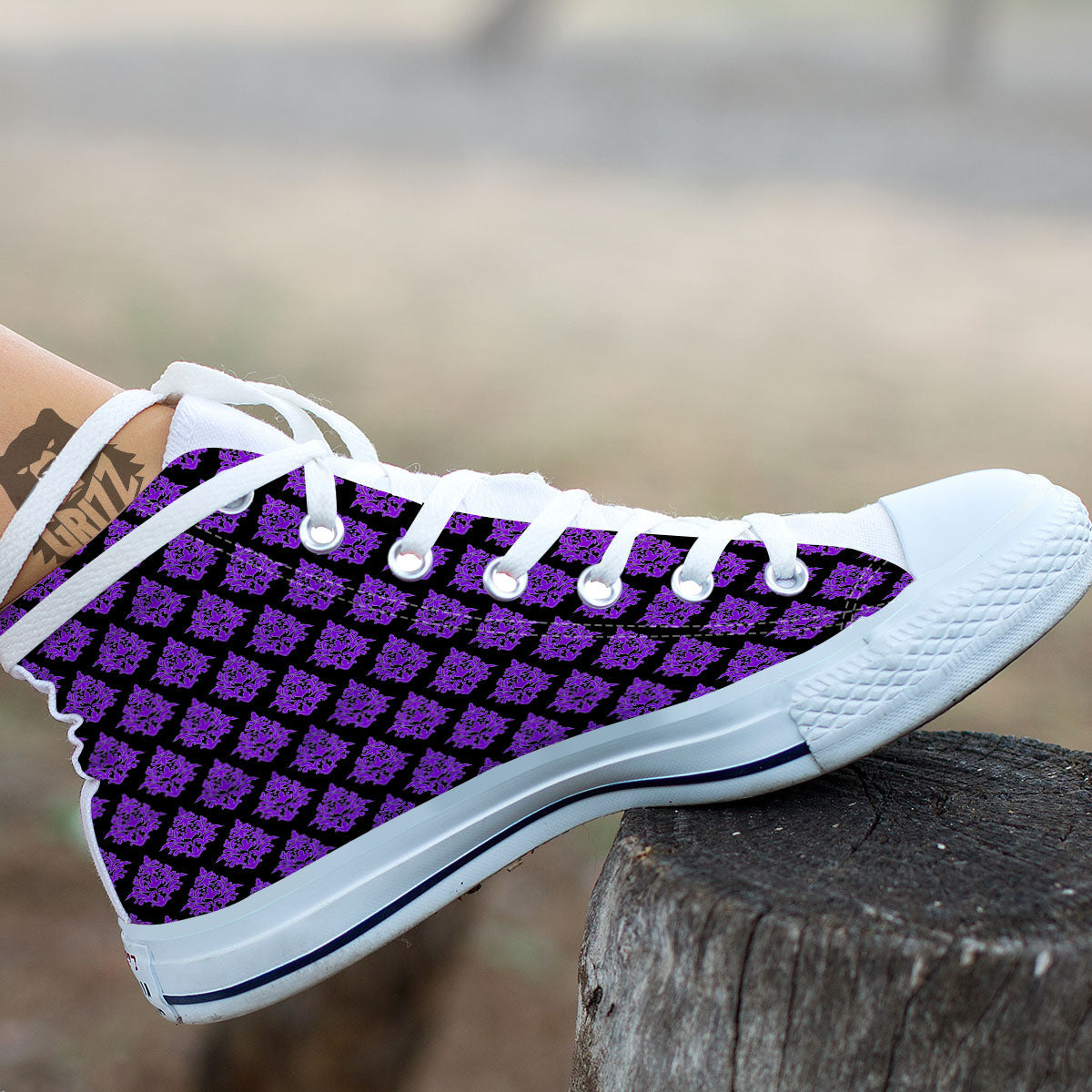 Damask Purple And Black Print Pattern White High Top Shoes-grizzshop