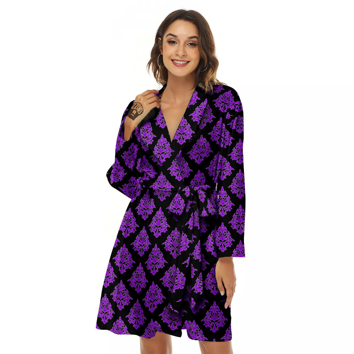 Damask Purple And Black Print Pattern Women's Robe-grizzshop