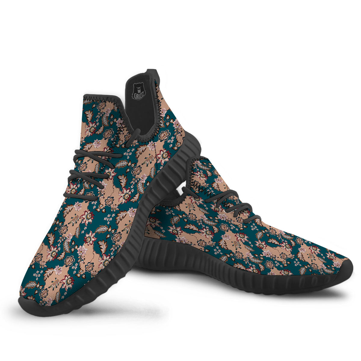 Damask Teal And Blue Print Pattern Black Walking Shoes-grizzshop
