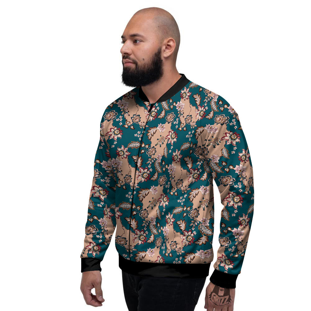 Damask Teal And Blue Print Pattern Men's Bomber Jacket-grizzshop