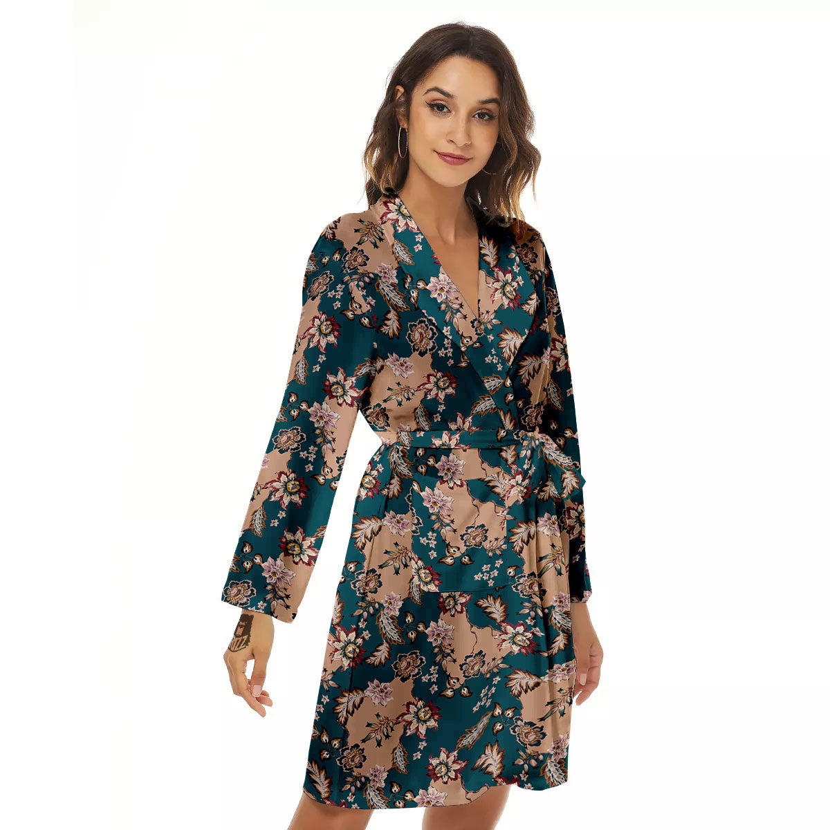 Damask Teal And Blue Print Pattern Women's Robe-grizzshop