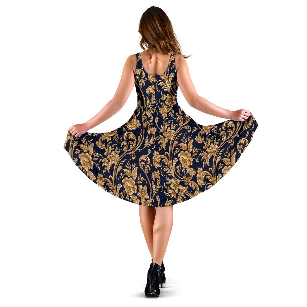 Damask Gold Pattern Print Dress-grizzshop