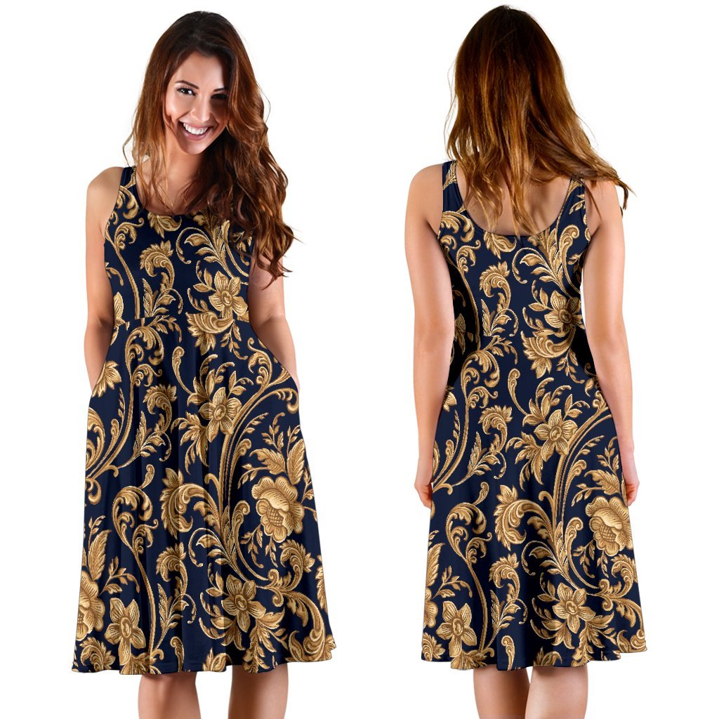 Damask Gold Pattern Print Dress-grizzshop