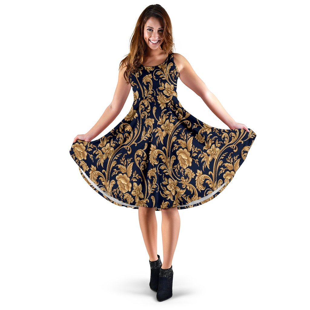 Damask Gold Pattern Print Dress-grizzshop