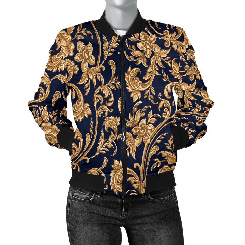 Damask Gold Pattern Print Women Casual Bomber Jacket-grizzshop