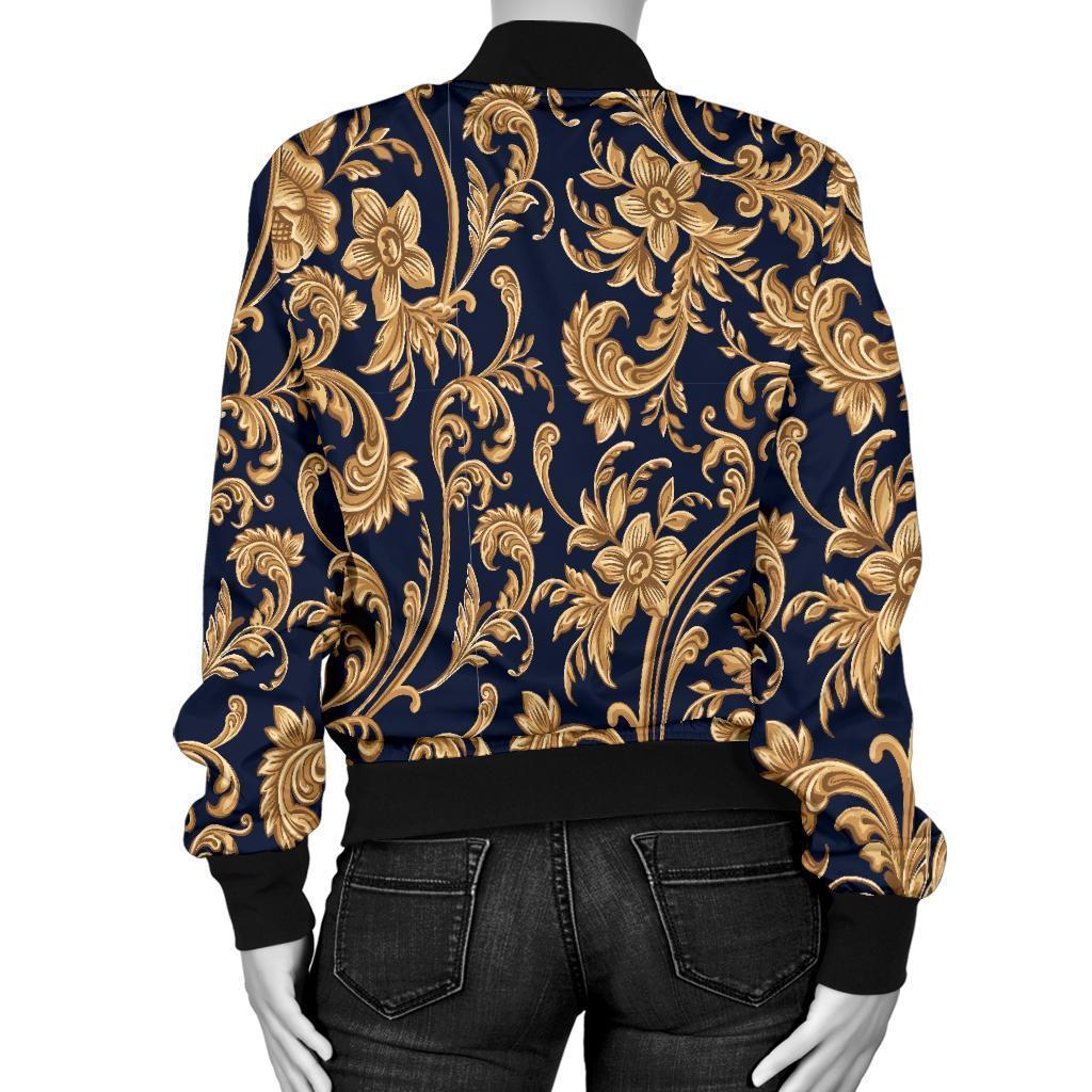 Damask Gold Pattern Print Women Casual Bomber Jacket-grizzshop